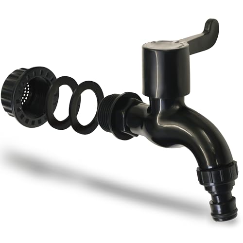 YourCasa Auslaufhahn für Regentonne mit Filter – 3/4 Zoll Wasserhahn kompatibel mit gängiger Schnellkupplung – Hahn mit Absperrfunktion für Regentonnen Wasserbehälter Regentonnendurchführung (Schwarz) von YourCasa