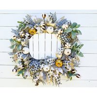 Weißer Kürbiskranz, Buffalo Plaid Herbstkranz, Herbst Dekor, Erntedankkranz, Neutraler Weißgold Dekor von YourFourSeasonsDecor