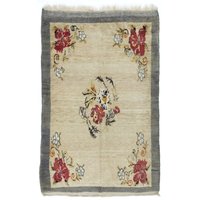 Florales Muster Handgeknüpfter Vintage Teppich Aus Konya/Türkei. Elfenbein Und Grauer Teppich. 4, 6x7, 3 Ft, Bkef44 von YourRugDepot