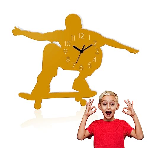 Yourlivingart Kinder Wanduhr aus Holz Skateboarder Farbe Gelb - Robuste Kinderuhr mit lustigem Skateboarder-Design für das Kinderzimmer - Einzigartige Uhr aus nachhaltigem Holz von Yourlivingart