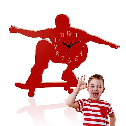 Yourlivingart Kinder Wanduhr aus Holz Skateboarder Farbe rot - Robuste Kinderuhr mit lustigem Skateboarder-Design für das Kinderzimmer - Einzigartige Uhr aus nachhaltigem Holz von Yourlivingart