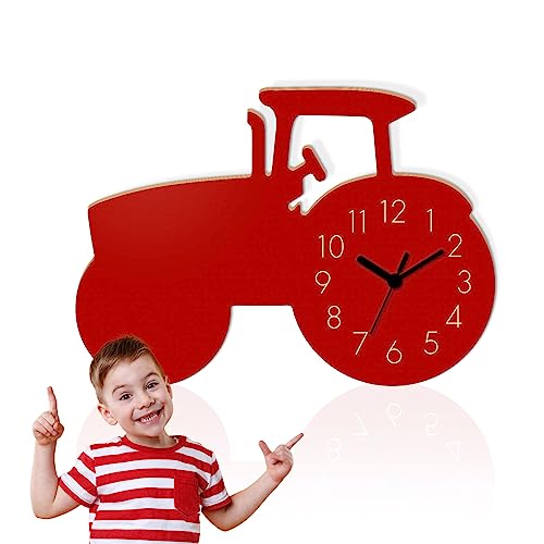 Yourlivingart Kinder Wanduhr aus Holz Traktor Farbe rot - Robuste Kinderuhr mit lustigem Traktor-Design für das Kinderzimmer - Einzigartige Uhr aus nachhaltigem Holz von Yourlivingart