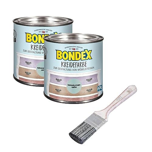 Bondex 2er-Set Kreidefarbe 0,5 L Behagliches Grün mit Flachpinsel | Möbelfarbe für den Innenbereich | Leichte Verarbeitung für kreative DIY-Priojekte | Vintage-Look | Shabby-Chic von Yoursol