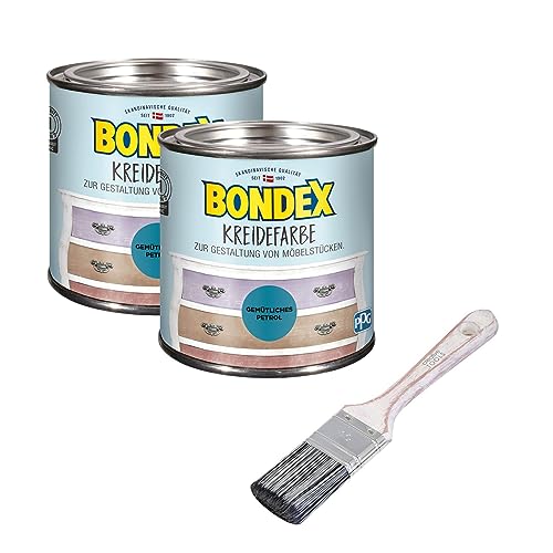 Bondex 2er-Set Kreidefarbe 0,5 L Gemütliches Petrol mit Flachpinsel | Möbelfarbe für den Innenbereich | Leichte Verarbeitung für kreative DIY-Priojekte | Vintage-Look | Shabby-Chic von Yoursol