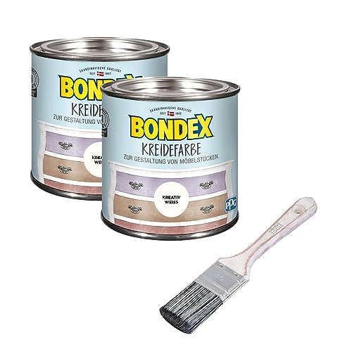 Bondex 2er-Set Kreidefarbe 0,5 L Kreativ Weiss mit Flachpinsel | Möbelfarbe für den Innenbereich | Leichte Verarbeitung für kreative DIY-Priojekte | Vintage-Look | Shabby-Chic von Yoursol