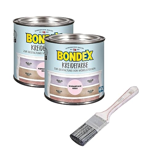 Bondex 2er-Set Kreidefarbe 0,5 L Romantisch Rosa mit Flachpinsel | Möbelfarbe für den Innenbereich | Leichte Verarbeitung für kreative DIY-Priojekte | Vintage-Look | Shabby-Chic von Yoursol