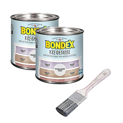 Bondex 2er-Set Kreidefarbe 0,5 L Wohnliches Grau mit Flachpinsel | Möbelfarbe für den Innenbereich | Leichte Verarbeitung für kreative DIY-Priojekte | Vintage-Look | Shabby-Chic von Yoursol