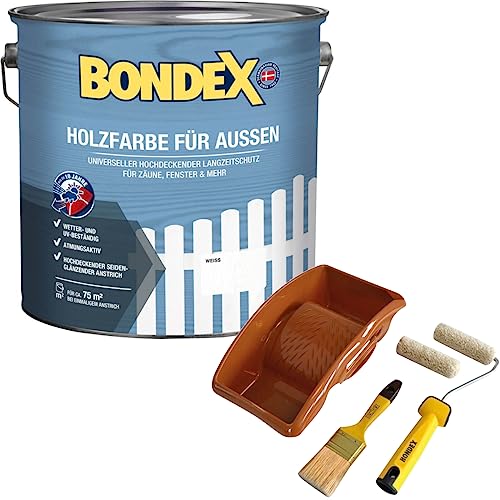 Bondex Holzfarbe für Außen 7,5 L Weiß | Aktionspaket mit Streichset | für ca. 75 m² | Wetter- & UV-beständig | atmungsaktiv | seidenglänzend von Yoursol