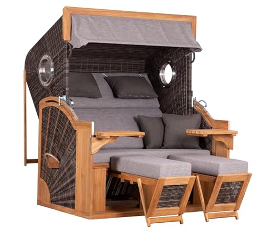 Yoursol by Devries Strandkorb Pure Seaside XXL 466 PE | Grau-Brauner Luxus Strandkorb mit Bullauge & Windschutz | 150 cm Breite | Aus Teakholz gefertigt | Als 2 Sitzer oder 3 Sitzer nutzbar von Yoursol