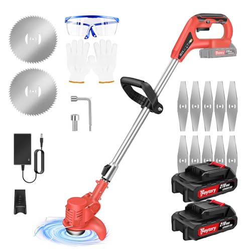 Akku Rasentrimmer mit Akku 21V Freischneider mit 2 Batterien, Akku Motorsense & Rasentrimmer Rasen mit Metall Messer, Akku Freischneider Elektrischer Elektro Trimmer Gartenkantenfräser für Garden, Rot von YouseaHome