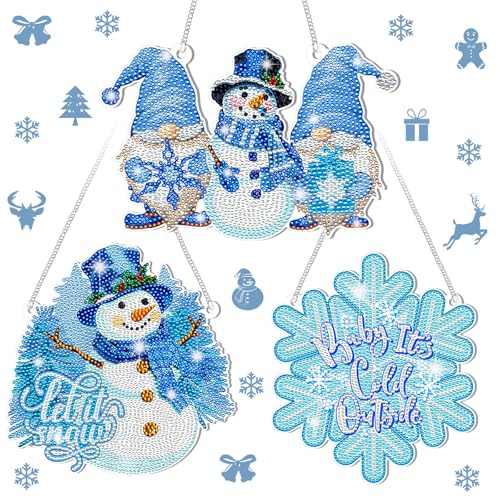 Yousoontic 3 Stück Weihnachten Winter Diamant Malerei Kits Hängeschild Diamant Kunst 5D Winter Zwerge Schneemann Schneeflocke Diamant Kunst Set für DIY Kristall Strass Ornamente Kits für Wand Fenster von Yousoontic