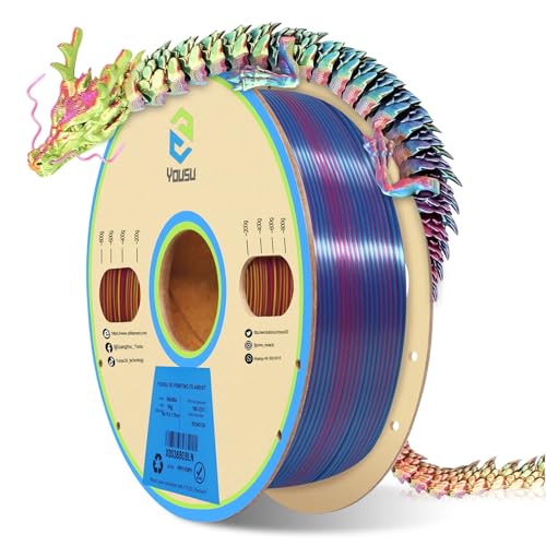 YOUSU Dreifarbiges PLA Filament,3D Drucker Filament 1,75 mm (± 0,03 mm), Seiden Rot/Gold/Blau Dreifarbiges Filament, Passend für die Meisten FDM Drucker, 1 kg/2,2 lbs von Yousu