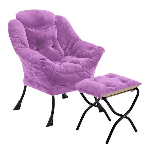 Youtanic Lazy Chair mit Klappbarer Ottomane, Akzentstuhl Plüsch gepolstert mit Metallstruktur und rutschfesten Pads, Sofasessel mit Fußstütze und seitlicher Aufbewahrungstasche für Wohnheim, Zimmer, von Youtanic