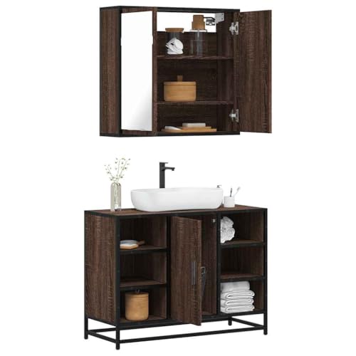 Youuihom 2-TLG. Badmöbel Set Braun Eichen-Optik aus Holzwerkstoff und Metall Spiegelschrank 65 x 20 x 60 cm & Waschbeckenunterschrank 80 x 33 x 60 cm Stilvoll und Platzsparend für Badezimmer von Youuihom