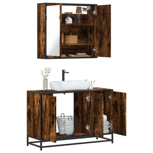 Youuihom 2-TLG. Badmöbel-Set Räuchereiche Holzwerkstoff Spiegelschrank & Waschbeckenunterschrank Modernes Design 65 x 20 cm & 90 x 33 cm Stauraum & Industrielle Note für Badezimmer von Youuihom