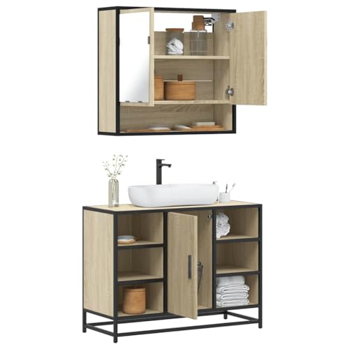 Youuihom 2-TLG. Badmöbel-Set Sonoma-Eiche Badezimmerschrank mit Spiegel & Waschbeckenunterschrank 65 x 60 cm Holzwerkstoff & Metall Modernes Design Stauraum für Badutensilien von Youuihom