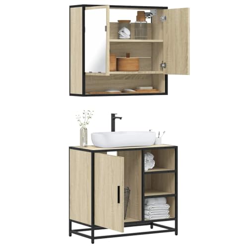 Youuihom 2-TLG. Badmöbel-Set Sonoma-Eiche Holzwerkstoff Spiegelschrank & Waschbeckenunterschrank 65 cm Stilvoll & Robust mit Metallgestell für Badezimmer von Youuihom