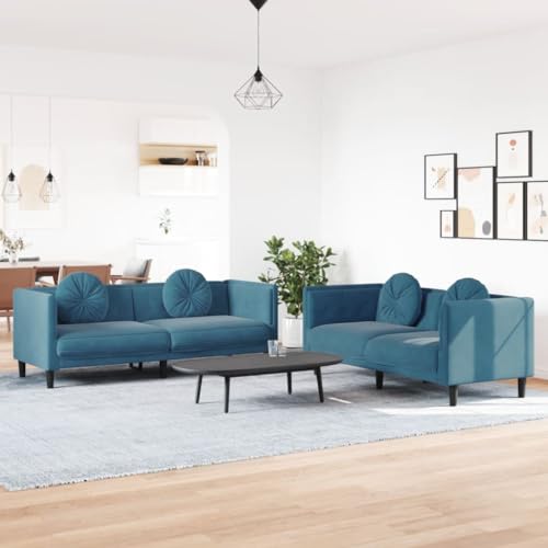 Youuihom 2-TLG. Sofagarnitur mit Kissen Blau Samt Sofa Sessel Schlafcouch Schlafsofa Cauchsofa für Balkon Küchen Esszimmer Wohnzimmer von Youuihom