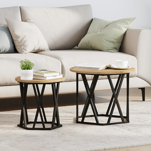 Youuihom 2er Set Couchtische aus Massivholz Eiche Rund Braun Modernes Design Beistelltisch Sofatisch für Wohnzimmer von Youuihom