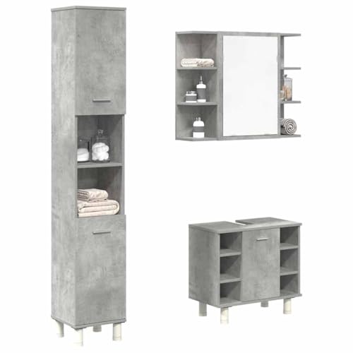 Youuihom 3-TLG. Badmöbel-Set Betongrau aus Holzwerkstoff mit Spiegelschrank Waschbeckenunterschrank und Badezimmerschrank Modernes Design Robust & Langlebig für Badezimmer WC und Flur von Youuihom