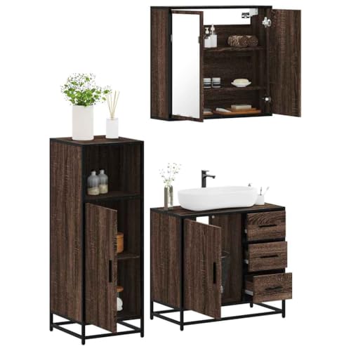 Youuihom 3-TLG. Badmöbel Set Braun Eichen Optik Badezimmerschrank mit Spiegel und Waschbeckenunterschrank 65 x 60 cm Stilvoll & Platzsparend für Modernes Badezimmer von Youuihom
