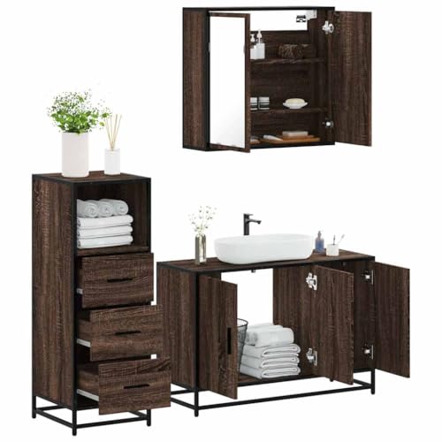 Youuihom 3-TLG. Badmöbel-Set Braun Eichen-Optik Holzwerkstoff Badezimmerschrank mit Spiegel Waschbeckenunterschrank Stauraum für Badutensilien 65 x 20 x 60 cm von Youuihom