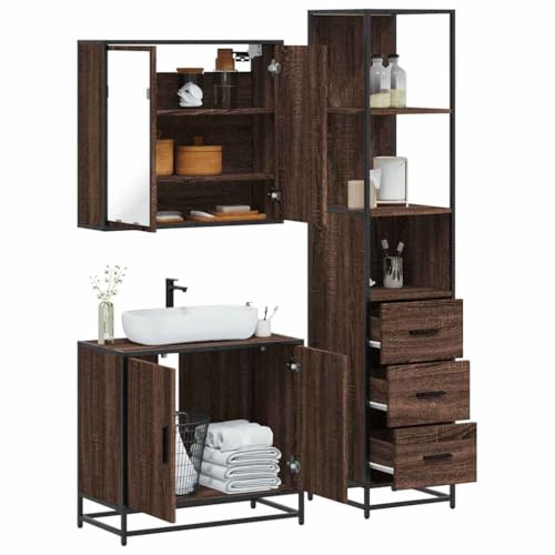 Youuihom 3-TLG. Badmöbel-Set Braun Eichen-Optik Holzwerkstoff mit Spiegelschrank Waschbeckenunterschrank und Badschrank Stilvoll & Platzsparend für Badezimmer von Youuihom