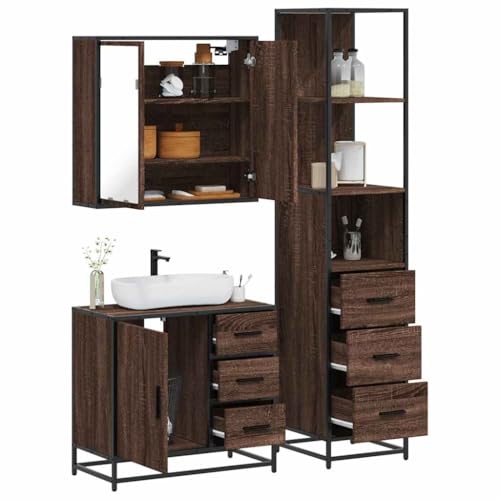 Youuihom 3-TLG. Badmöbel-Set Braun Eichen-Optik Holzwerkstoff mit Spiegelschrank Waschbeckenunterschrank und Badschrank Stilvoll & Platzsparend für Kleine Badezimmer von Youuihom