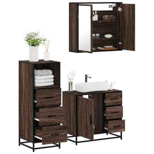 Youuihom 3-TLG. Badmöbel-Set Braun Eichen-Optik aus Holzwerkstoff mit Spiegel Schrank Waschbeckenunterschrank und Badezimmerschrank 65 x 60 cm Stilvolles Design für Modernes Badezimmer von Youuihom
