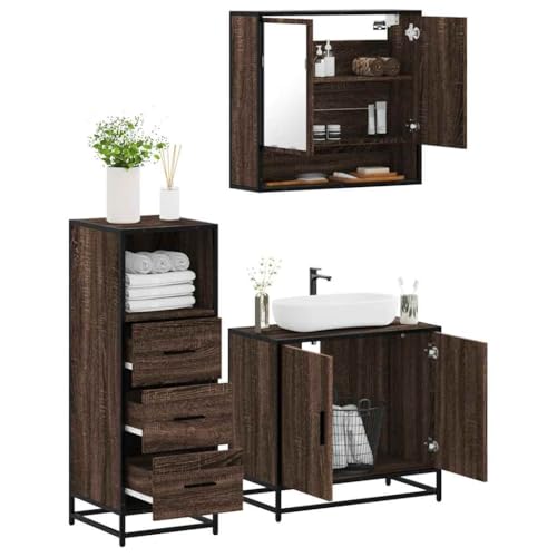 Youuihom 3-TLG. Badmöbel-Set Braun Eichen-Optik aus Holzwerkstoff mit Spiegel und Waschbeckenunterschrank 65 x 60 cm Stilvoll & Stabiles Design für Badezimmer von Youuihom
