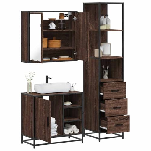 Youuihom 3-TLG. Badmöbel-Set Braun Eichen-Optik aus Holzwerkstoff & Metall Spiegelschrank Waschbeckenunterschrank & Badschrank mit Stauraum für Badezimmer von Youuihom