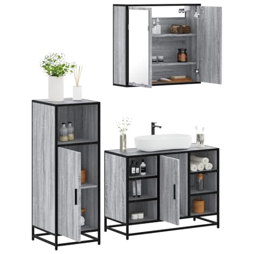 Youuihom 3-TLG. Badmöbel-Set Grau Sonoma aus Holzwerkstoff mit Spiegelschrank Waschbeckenunterschrank & Badezimmerschrank 65 x 20 x 60 cm Stilvoll & Praktisch für Modernes Badezimmer von Youuihom