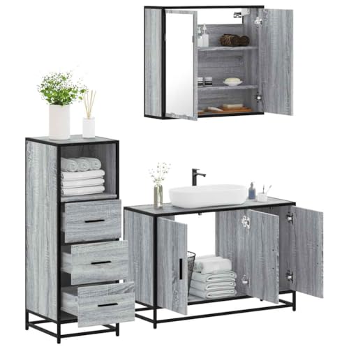 Youuihom 3-TLG. Badmöbel-Set Grau Sonoma aus Holzwerkstoff mit Spiegelschrank Waschbeckenunterschrank und Badezimmerschrank Stilvoll & Platzsparend für Modernes Badezimmer von Youuihom