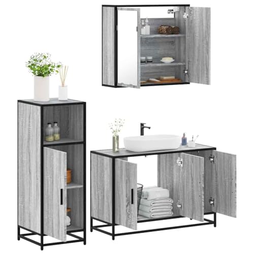 Youuihom 3-TLG. Badmöbel-Set Grau Sonoma aus Holzwerkstoff mit Spiegelschrank Waschbeckenunterschrank und Badezimmerschrank Stilvoll & Robust für Modernes Badezimmer von Youuihom