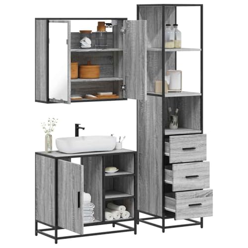 Youuihom 3-TLG. Badmöbel-Set Grau Sonoma aus Holzwerkstoff & Metall Spiegelschrank Waschbeckenunterschrank & Badschrank mit Industriellem Design 65 x 60 cm Stauraum für Badezimmer von Youuihom