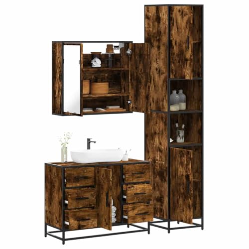 Youuihom 3-TLG. Badmöbel-Set Räuchereiche aus Holzwerkstoff mit Spiegelschrank Waschbeckenunterschrank & Badschrank Stilvoll & Robust 65 x 20 x 60 cm für Modernes Badezimmer von Youuihom