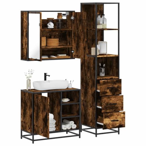 Youuihom 3-TLG. Badmöbel Set Räuchereiche aus Holzwerkstoff & Metall Spiegelschrank Waschbeckenunterschrank Badschrank mit Stauraum Stabiles Design für Badezimmer von Youuihom