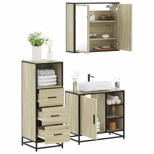 Youuihom 3-TLG. Badmöbel Set Sonoma Eiche Holzwerkstoff Badezimmerschrank mit Spiegel und Waschbeckenunterschrank Stilvoll & Langlebig 65 x 60 cm Maximale Belastbarkeit 60 kg für Modernes Badezimmer von Youuihom