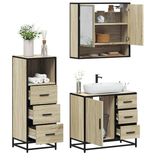 Youuihom 3-TLG. Badmöbel-Set Sonoma-Eiche aus Holzwerkstoff mit Spiegel Schrank Waschbeckenunterschrank und Badezimmerschrank 65 x 60 cm Modernes Design Stauraum für Badutensilien von Youuihom