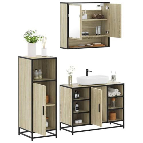 Youuihom 3-TLG. Badmöbel-Set Sonoma-Eiche aus Holzwerkstoff mit Spiegelschrank Waschbeckenunterschrank und Badezimmerschrank Modernes Design Robust & Langlebig für Badezimmer WC und Flur von Youuihom