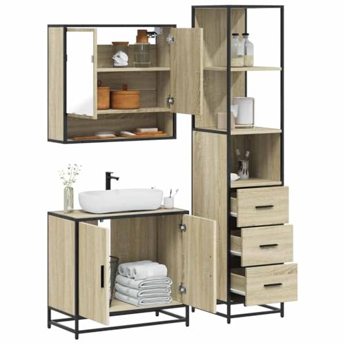 Youuihom 3-TLG. Badmöbel-Set Sonoma-Eiche aus Holzwerkstoff und Metall Spiegelschrank Waschbeckenunterschrank Badschrank mit Stauraum Modernes Design für Badezimmer von Youuihom