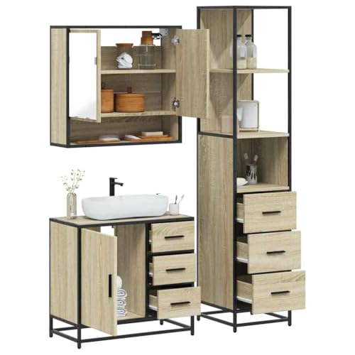 Youuihom 3-TLG. Badmöbel-Set Sonoma-Eiche aus Holzwerkstoff & Metall Spiegelschrank Waschbeckenunterschrank & Badschrank mit Stauraum Modernes Design für Badezimmer von Youuihom