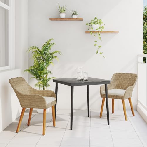 Youuihom 3-teilige Garten-Essgruppe Beige Quadratischer Tisch mit 2 Stühlen aus Natur Rattan Robuste Outdoor-Möbel für Balkon Terrasse und Garten von Youuihom