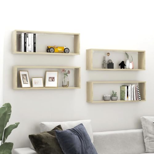 Youuihom 4 Stück Würfel Wandregal Bücherregal Sonoma-Eiche Holzwerkstoff 80x15x26,5 cm Schmal Elegant Stabil für Wohnzimmer Bad Küche von Youuihom