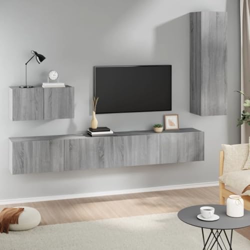 Youuihom 4-TLG TV-Schrank Set Grau Sonoma Holzwerkstoff Lowboard Fernsehtisch mit Wandmontage viel Stauraum Modernes Design für Wohnzimmer Schlafzimmer Flur von Youuihom