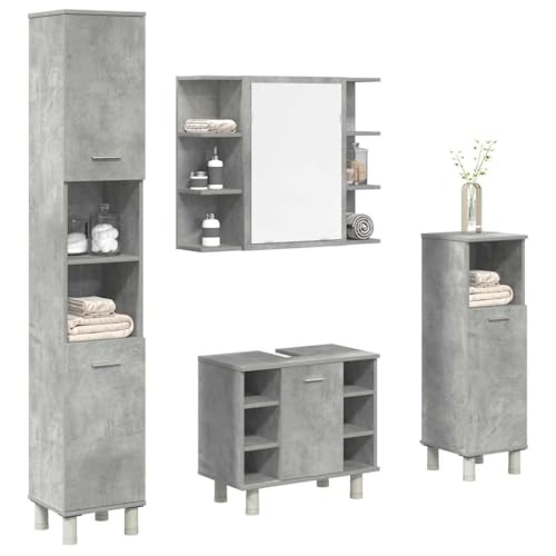 Youuihom 4-TLG. Badmöbel-Set Betongrau aus Holzwerkstoff mit Spiegelschrank Waschbeckenunterschrank und praktischem Stauraum für modernes Badezimmer von Youuihom