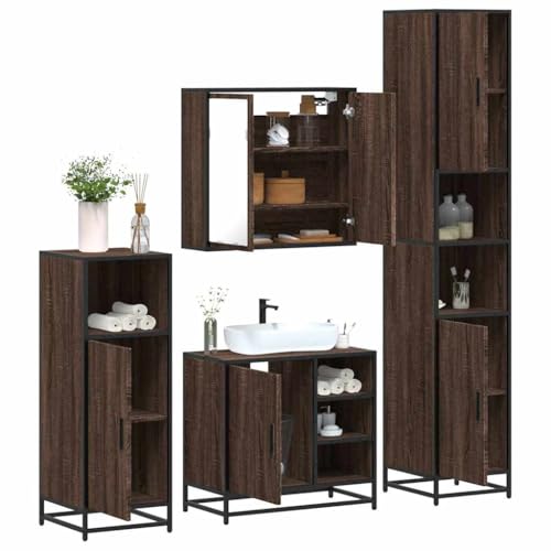 Youuihom 4-TLG. Badmöbel Set Braun Eichen-Optik Holzwerkstoff Metallgestell Spiegelschrank Waschbeckenunterschrank Badezimmerschrank Hoch & Niedrig Stauraum & Industrielle Optik von Youuihom