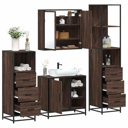 Youuihom 4-TLG. Badmöbel Set Braun Eichen-Optik aus Holzwerkstoff und Metall Spiegelschrank Waschbeckenunterschrank mit Stauraum für Badezimmer von Youuihom