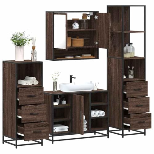 Youuihom 4-TLG. Badmöbel Set Braun Eichen-Optik aus Holzwerkstoff und Metall mit Spiegelschrank Waschbeckenunterschrank und Badezimmerschrank Stilvolle Aufbewahrung für Ihr Badezimmer von Youuihom