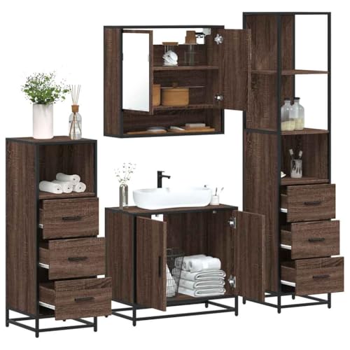 Youuihom 4-TLG. Badmöbel-Set Braun Eichen-Optik aus Holzwerkstoff und Metall mit Spiegelschrank Waschbeckenunterschrank und Badschränken Stilvoll & Platzsparend für Badezimmer von Youuihom